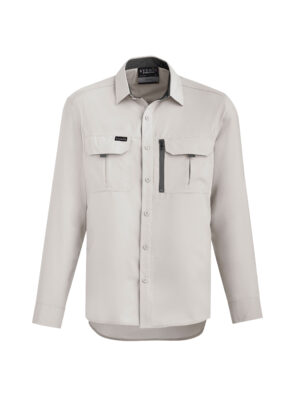 Beige utility shirt with two chest flap pockets, a vertical zip pocket on the left, and a button front, shown from the chest up