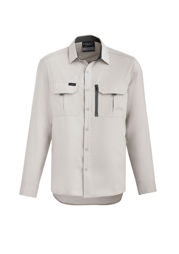 Beige utility shirt with two chest flap pockets, a vertical zip pocket on the left, and a button front, shown from the chest up