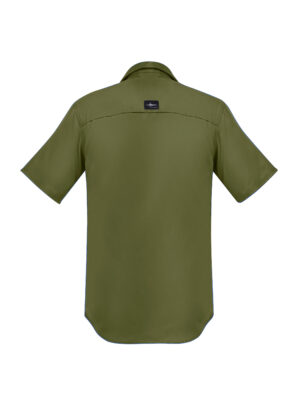 Back view of an olive-green short-sleeve shirt, small dark label visible at the upper back.