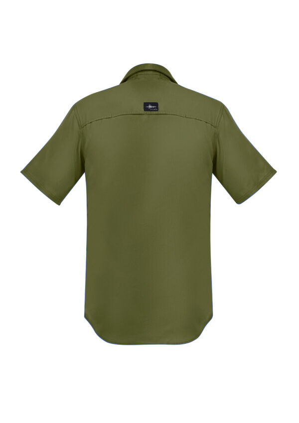 Back view of an olive-green short-sleeve shirt, small dark label visible at the upper back.