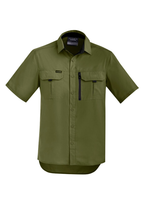 Olive green short-sleeve utility shirt with two chest pockets and a small brand tag above the left pocket.