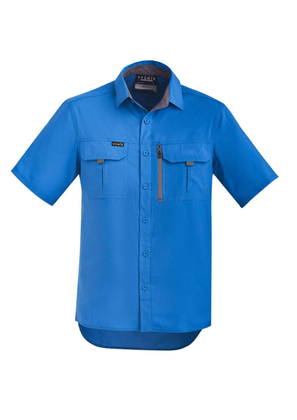 Blue short-sleeve work shirt with two front pockets and a vertical zipper pocket on the left chest, button-front closure and collar details.