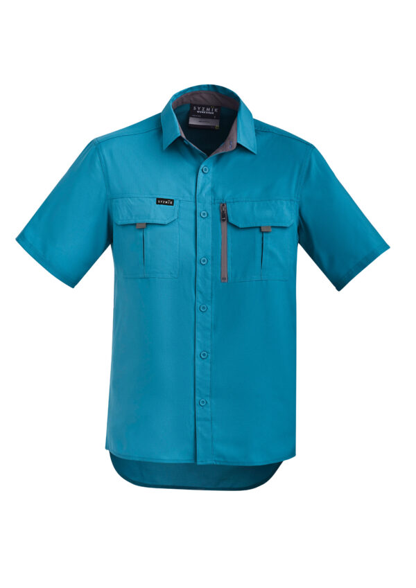 Turquoise short-sleeve button-up shirt with two chest pockets and a left vertical zip pocket at the chest area.