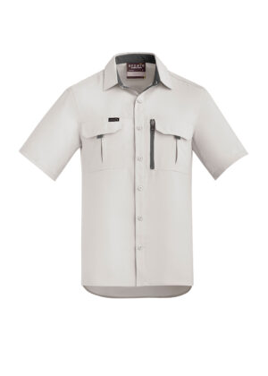 Beige short-sleeve work shirt with two chest pockets, button front, and a vertical zipper pocket on the right chest area.