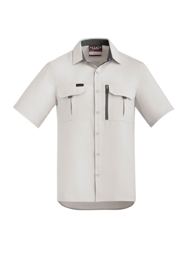 Beige short-sleeve work shirt with two chest pockets, button front, and a vertical zipper pocket on the right chest area.