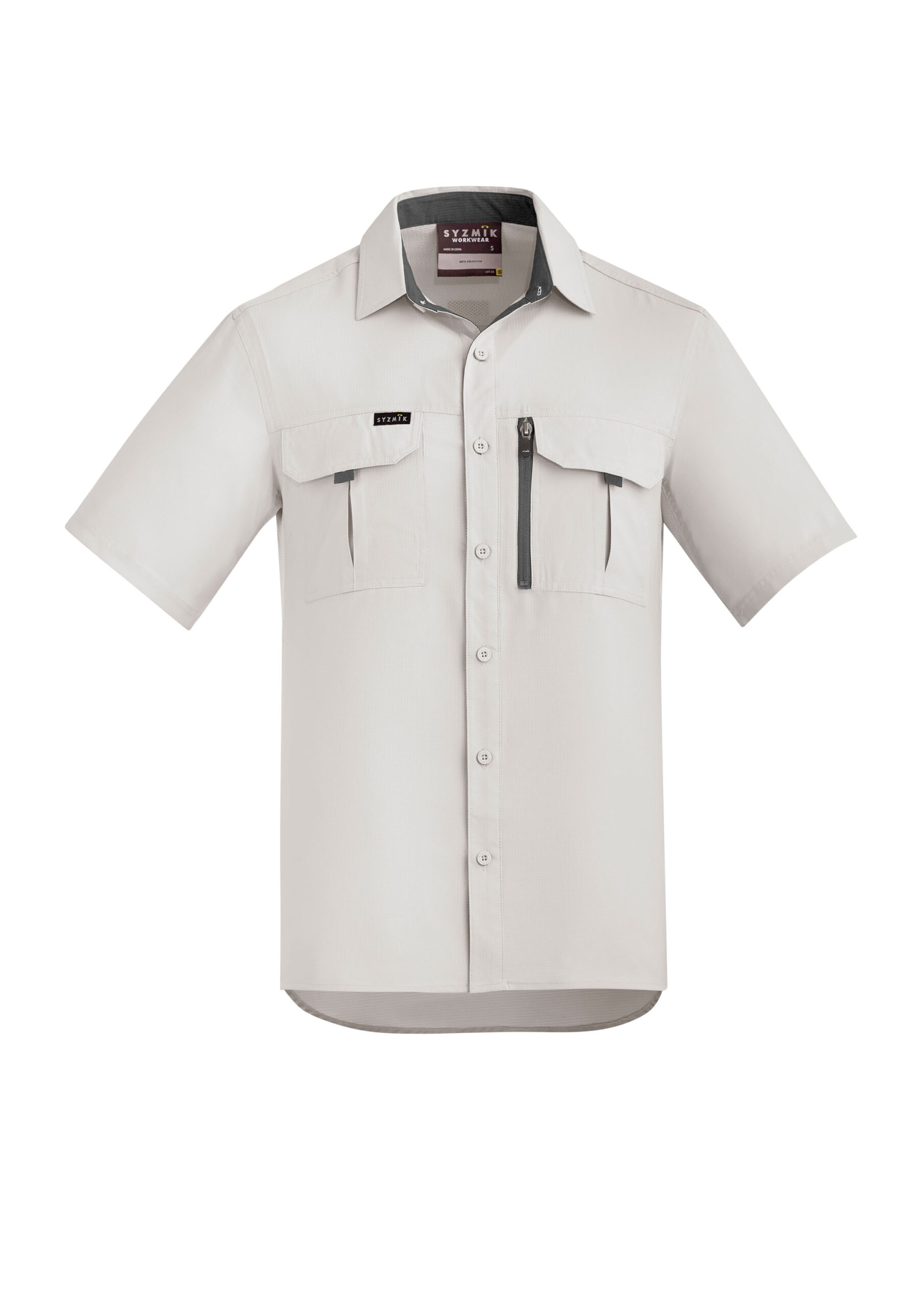 Beige short-sleeve utility shirt with two flap pockets and a vertical zip pocket on the left chest.