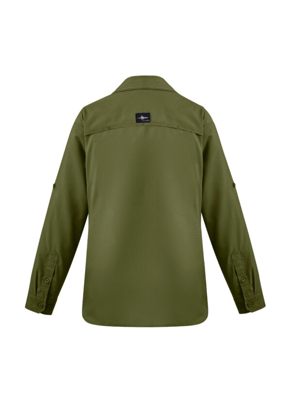 Back view of an olive green long-sleeve shirt with a small dark label on the upper back.