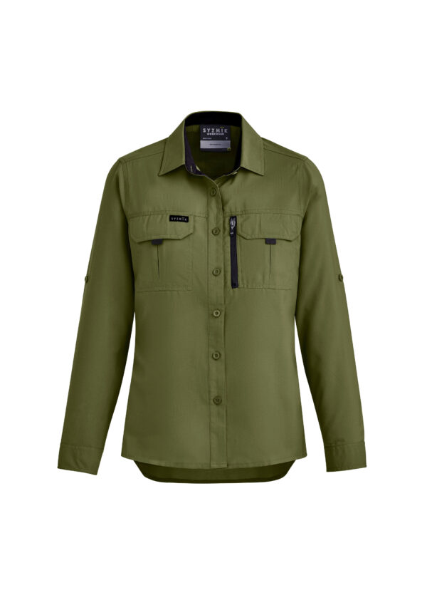 Olive-green utility shirt jacket with two chest pockets and button front, brand label visible on left pocket