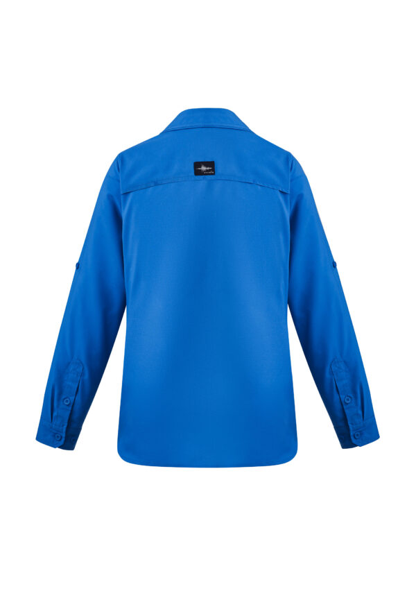 Back view of a bright blue long-sleeve shirt with a collar and yoke seam, featuring a small black label on the upper back.
