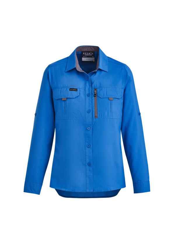Blue work shirt with two front flap pockets, a zipper pocket on the left chest, and a collar, shown from the chest up.