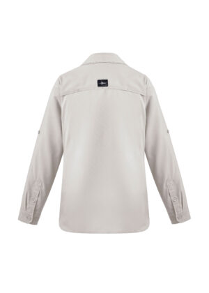 Beige long-sleeve shirt viewed from the back, with a black label on the yoke area near the shoulders.