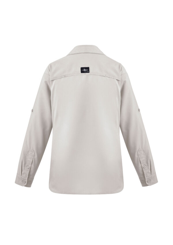 Beige long-sleeve shirt viewed from the back, with a black label on the yoke area near the shoulders.