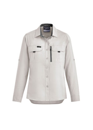 Beige utility shirt jacket with front pockets and black zipper along left chest, photographed on a plain white background