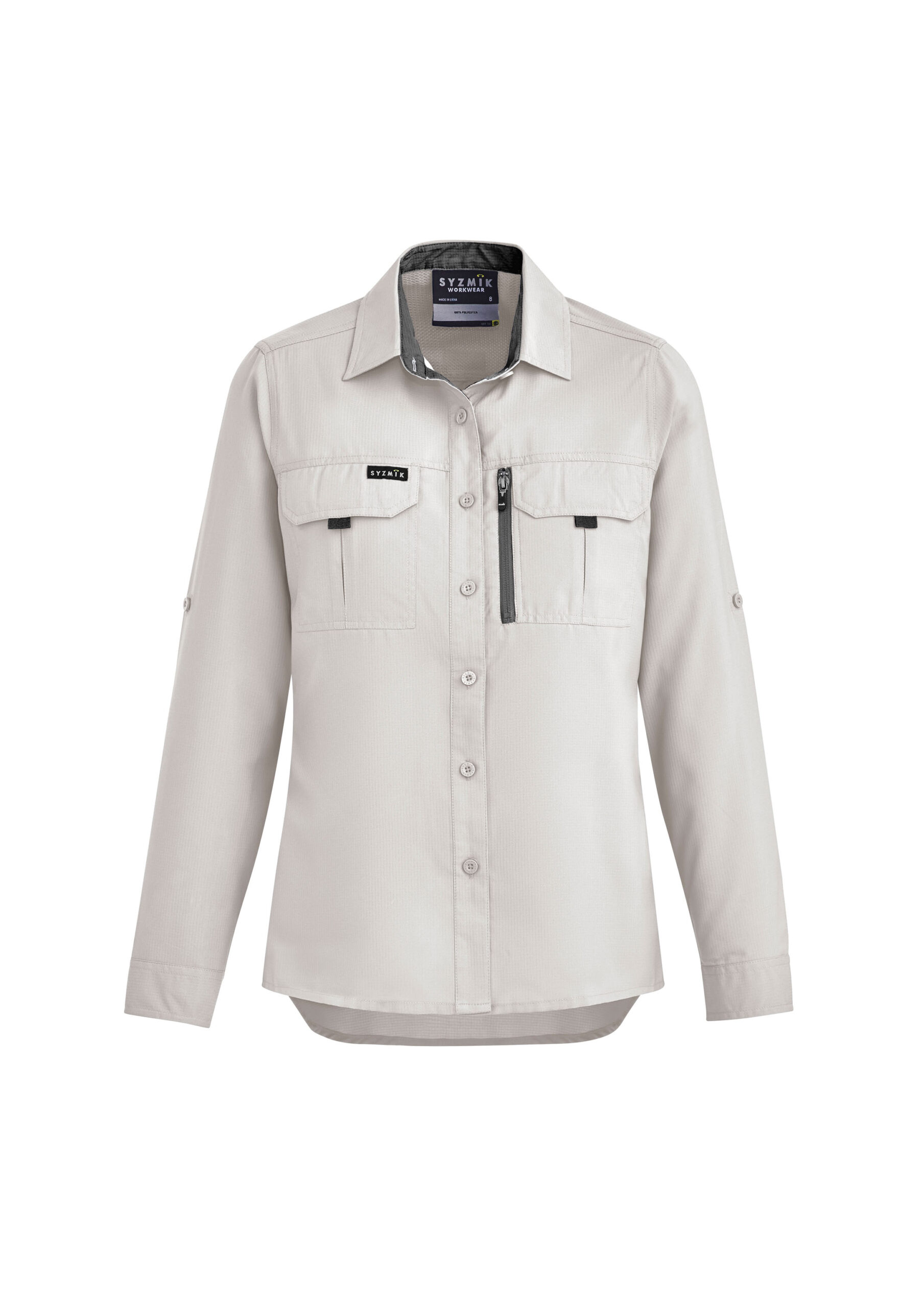 Beige utility shirt jacket with front pockets and black zipper along left chest, photographed on a plain white background