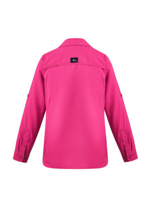 Back view of a bright pink button-down shirt with rolled sleeves and a small black label on the upper back yoke
