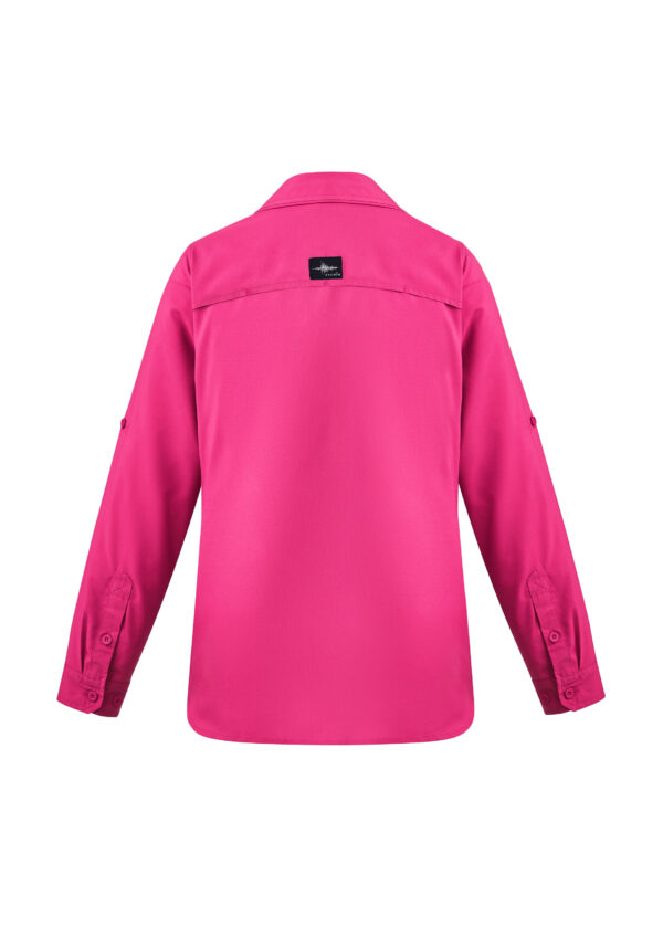 Back view of a bright pink button-down shirt with rolled sleeves and a small black label on the upper back yoke