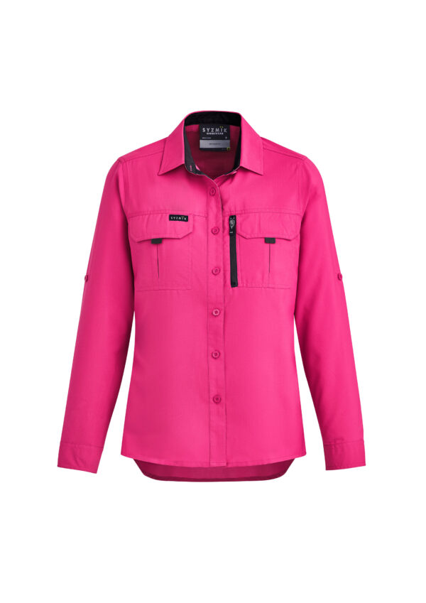 Bright pink button-down jacket with collar, two chest pockets with flaps, and a black zipper pocket on the right chest.