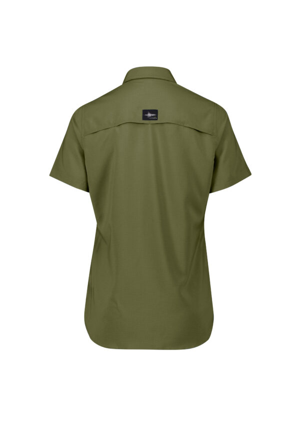 Olive green short-sleeve shirt shown from the back with a small black label at the upper center back.