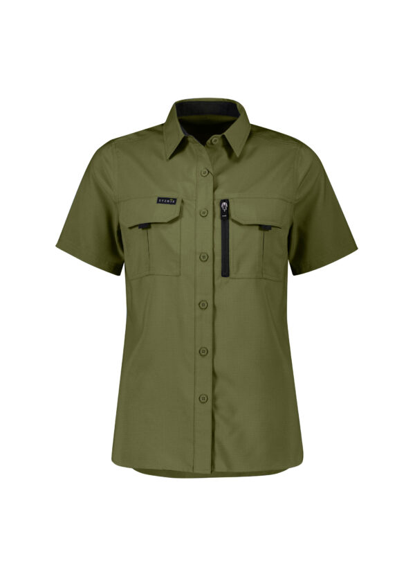 Olive green short-sleeve utility shirt with button front, two flap chest pockets, and a vertical zip pocket on the left chest