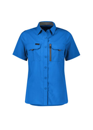 Blue short-sleeve work shirt with button front and two chest pockets on a white background, close-up of torso area.