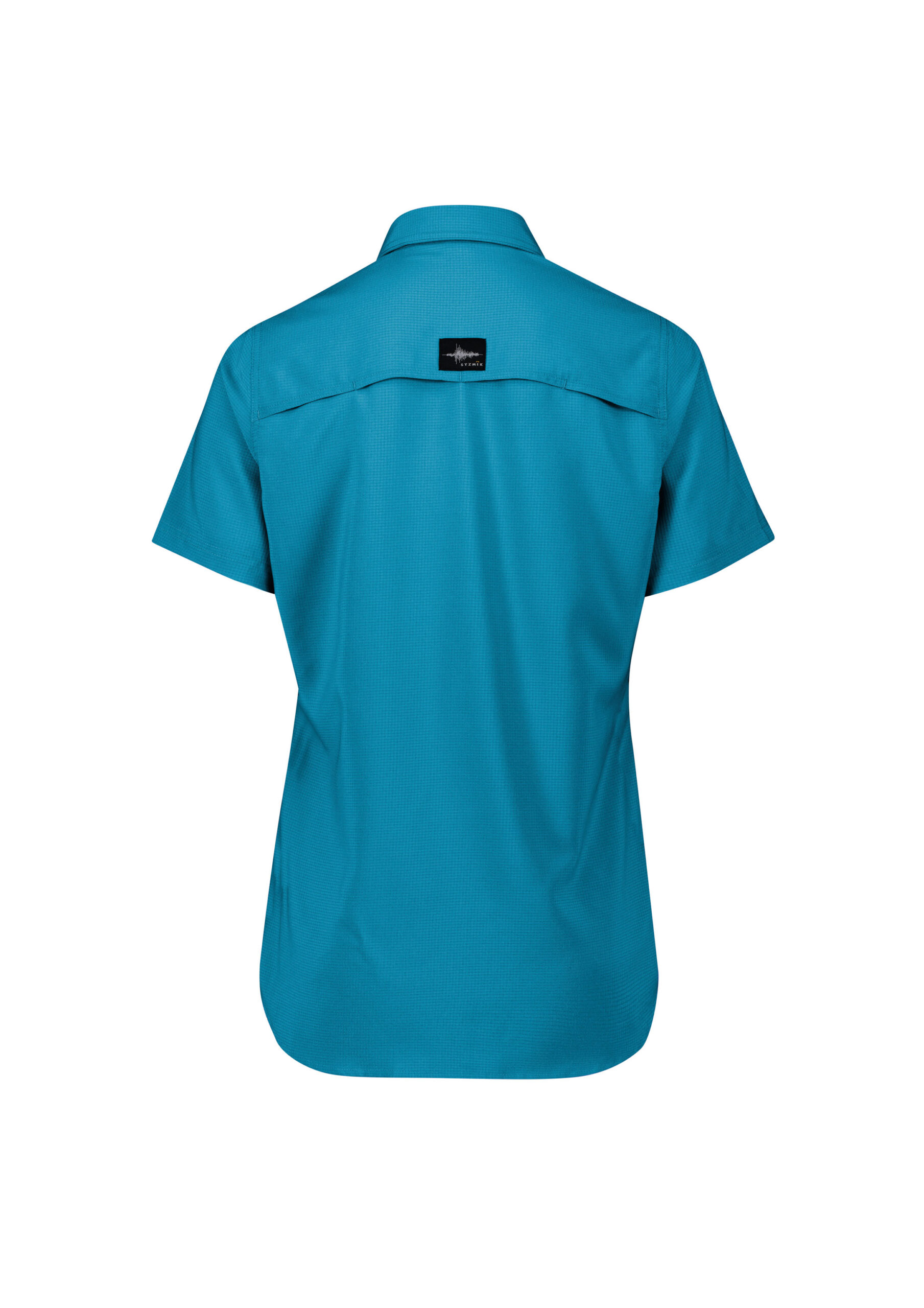 Back view of a turquoise short-sleeve shirt with a small black brand label on the upper back (yoke).