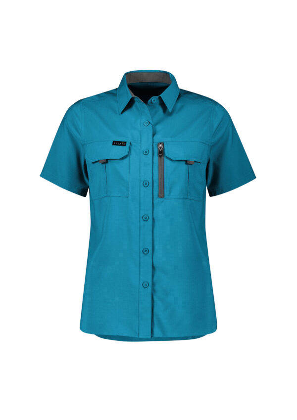 Teal short-sleeve utility shirt with two chest flap pockets and a vertical zip pocket on the left chest area