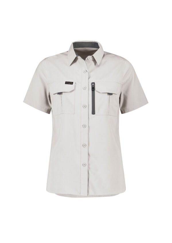 Beige short-sleeve button-down shirt with two chest pockets and a vertical zip pocket on the left chest, displayed on a mannequin torso