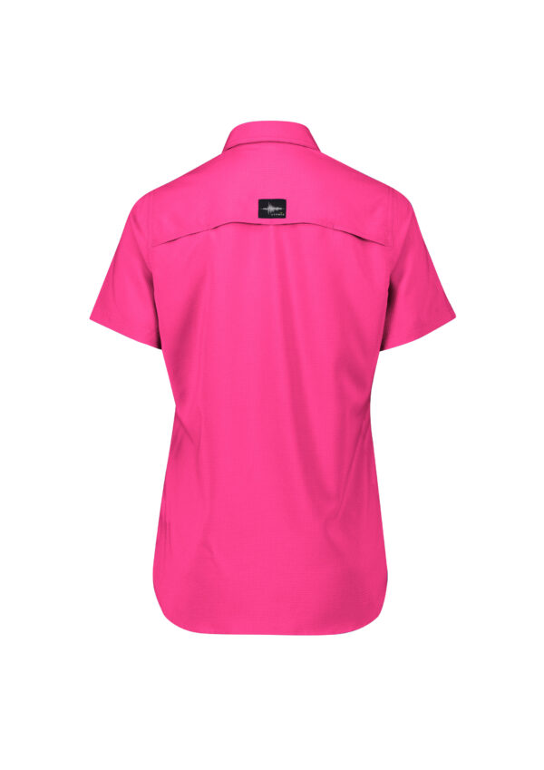 Back view of a bright pink short-sleeve shirt with a collar and a small black label on the upper back.