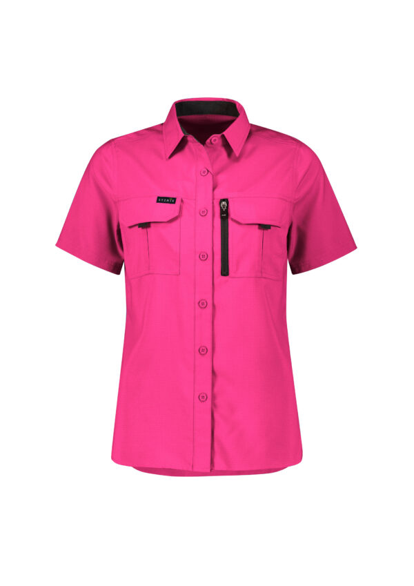 Bright pink short-sleeve utility shirt dress with button front and two chest pockets, including a vertical zip pocket detail