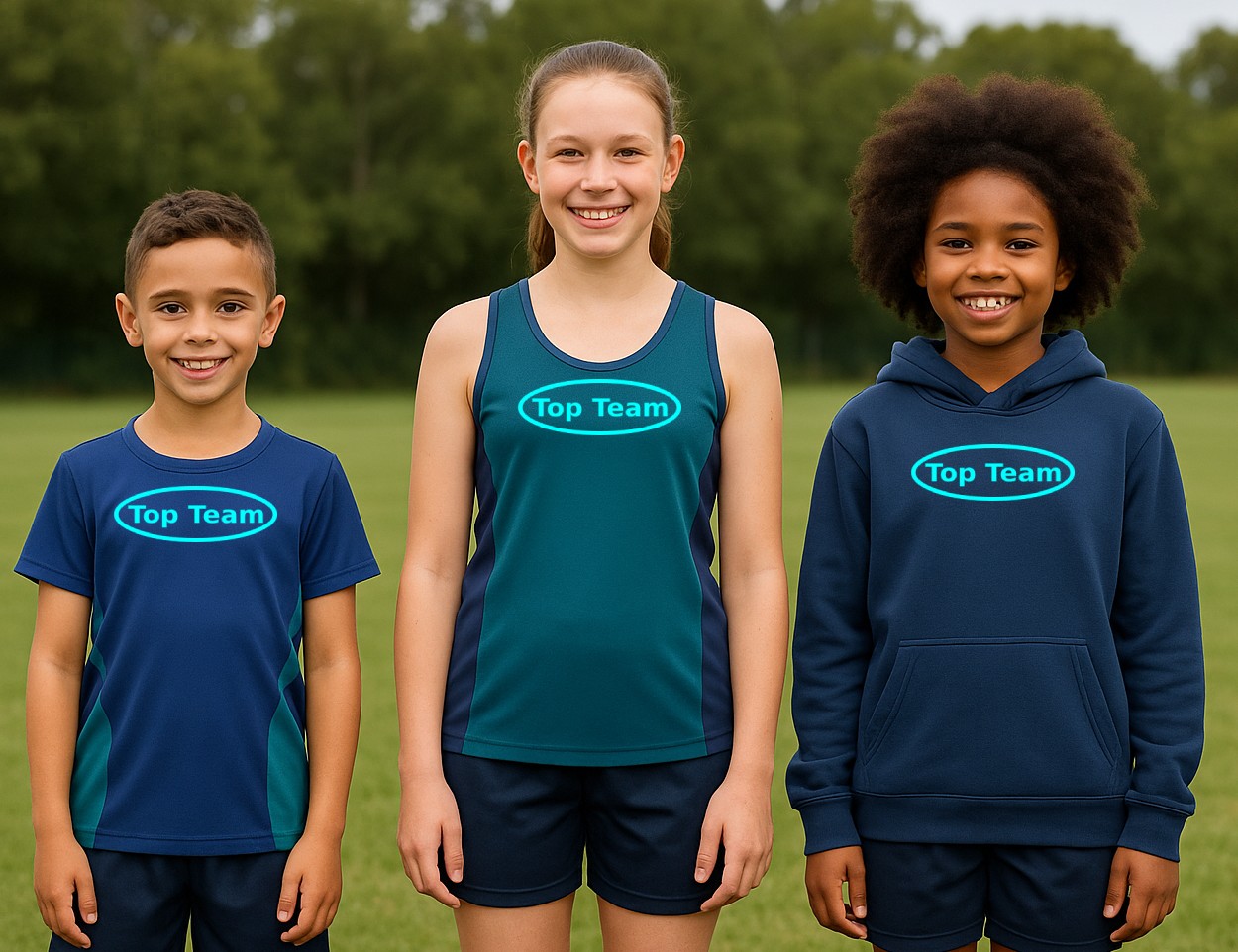 Team wearing branded uniforms showing different logo application methods