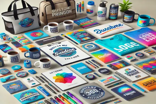 image of several colourful promotional products like pens cups bags to show many printed products that are available